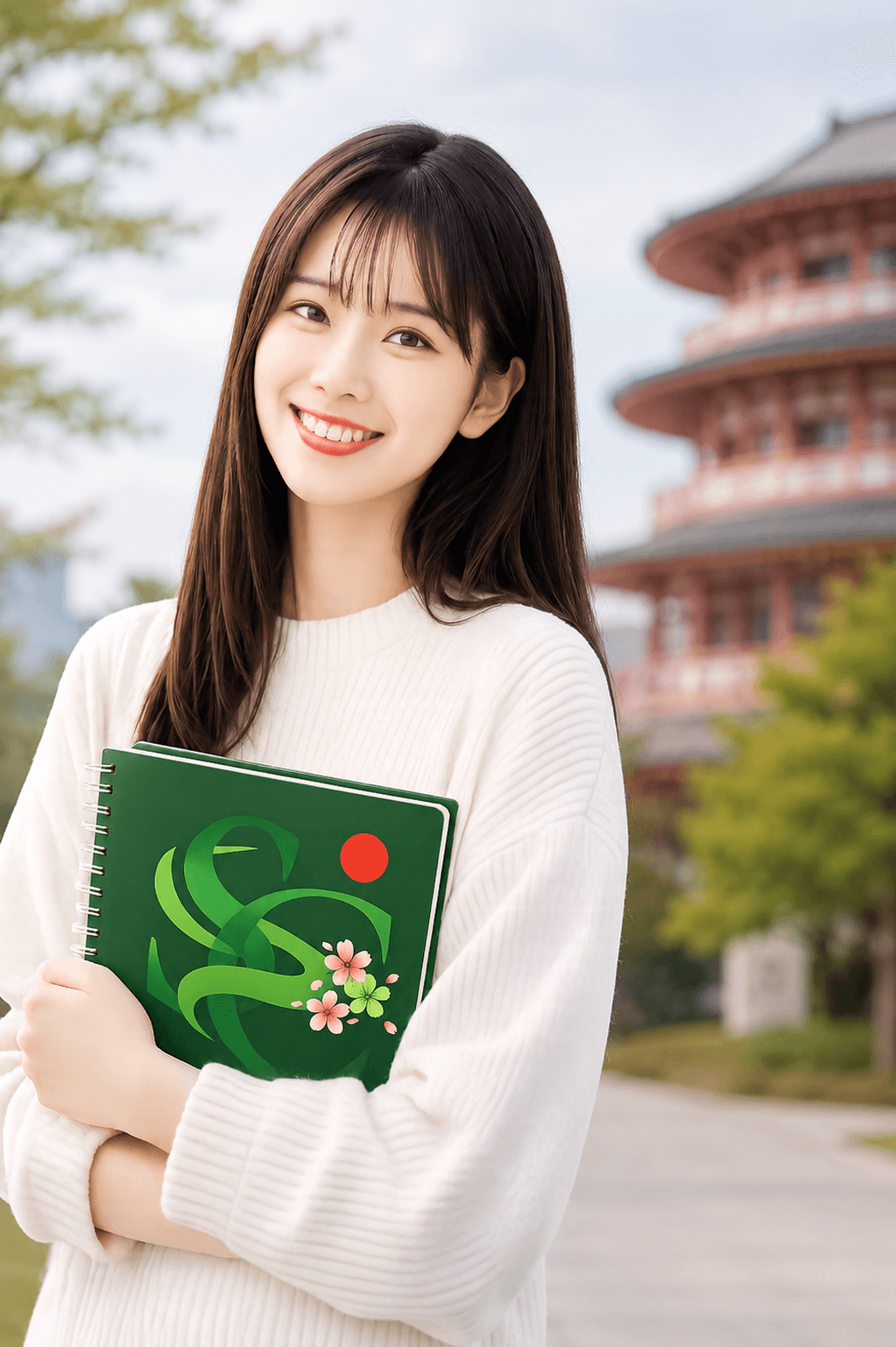 Japanese language student holding a notebook